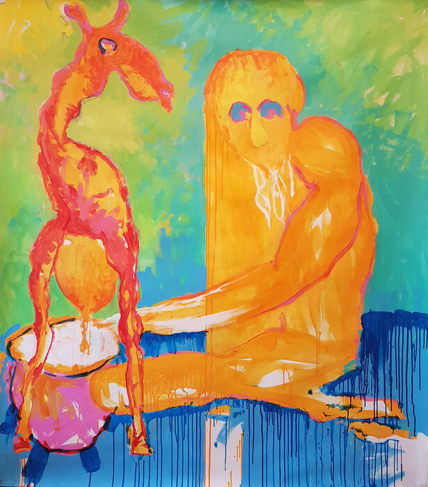Robinson Crusoe milking his goat. Acrylics, 170cm x 150cm, 2018
