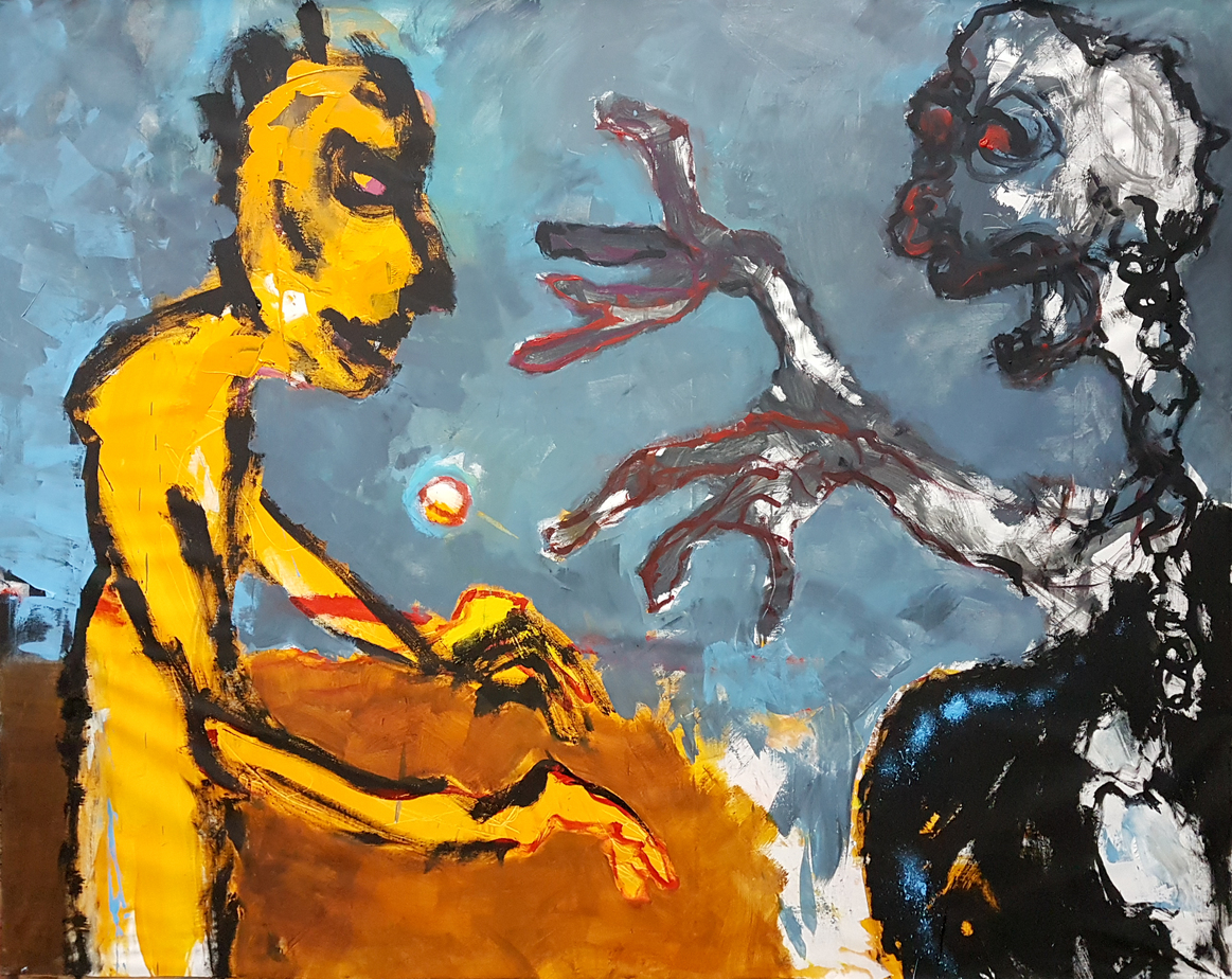 Le chercheur et l'administration. Acrylics on canvas, 170 x 210 cm, 2019