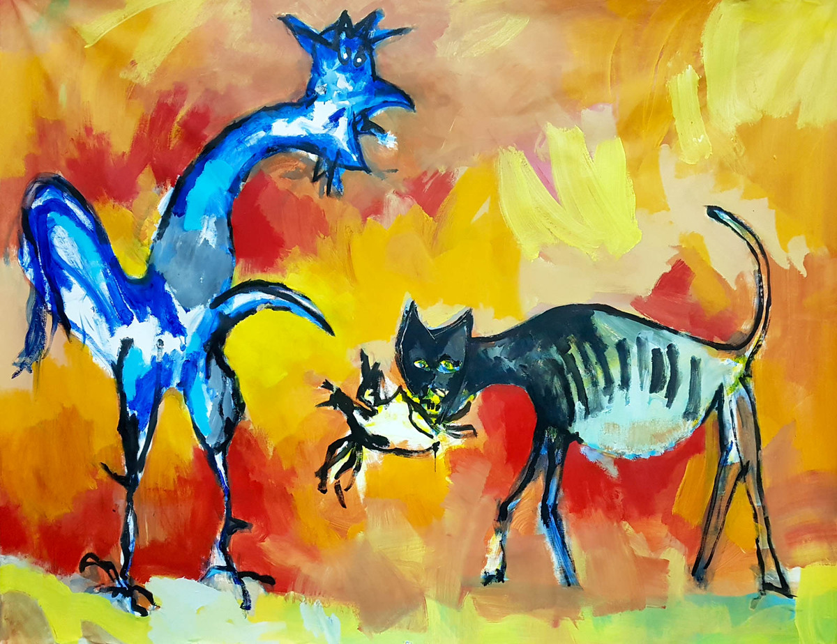 Coq, oiseau et chat. Acrylics. 150 x 170 cm. 2019